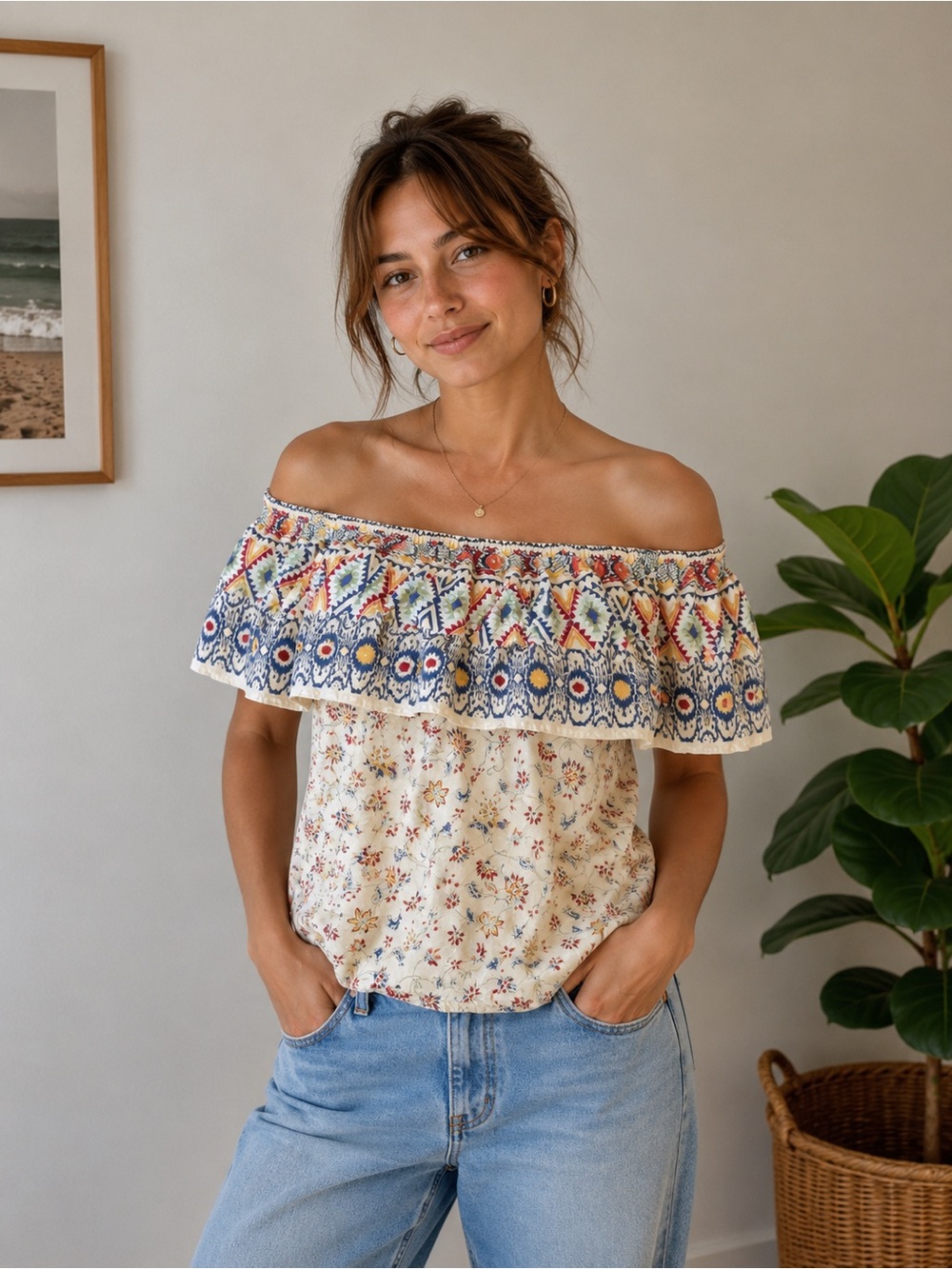 Hollister Cream Off-Shoulder Crop Top with Multicolor Aztec Ruffle